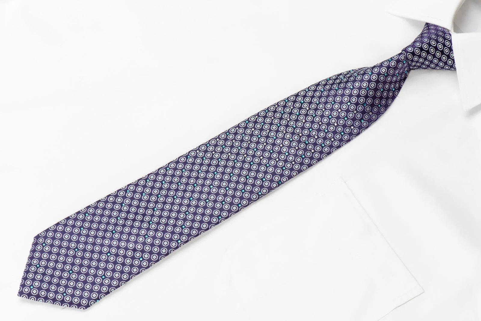 Rogatis Men's Crystal Silk Necktie Silver Geometric Dots On Purple With Blue Sparkles - Image 3