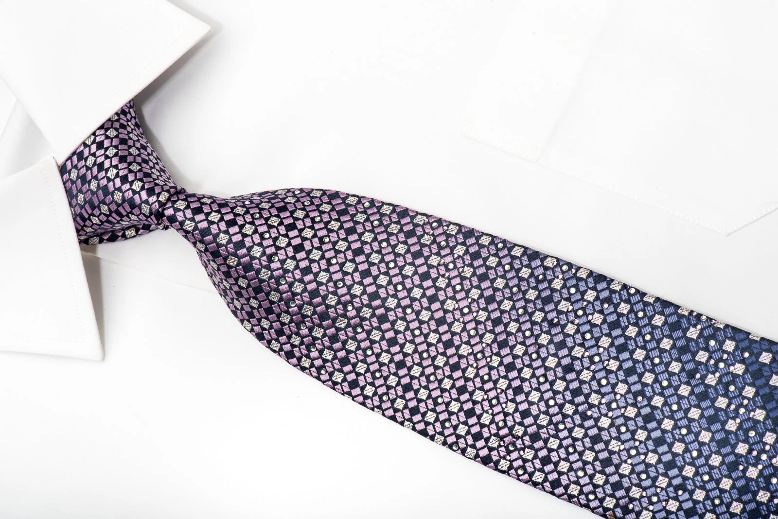 Rogatis Men's Rhinestone Silk Necktie Silver Purple Checkered With Silver Sparkles - Image 2