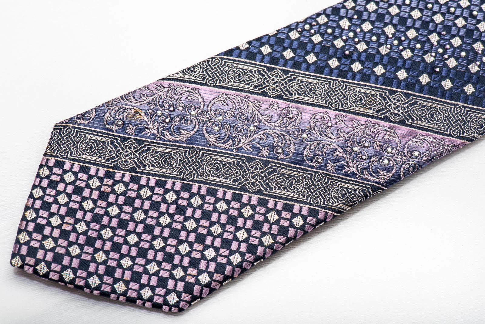 Rogatis Men's Rhinestone Silk Necktie Silver Purple Checkered With Silver Sparkles - Image 3