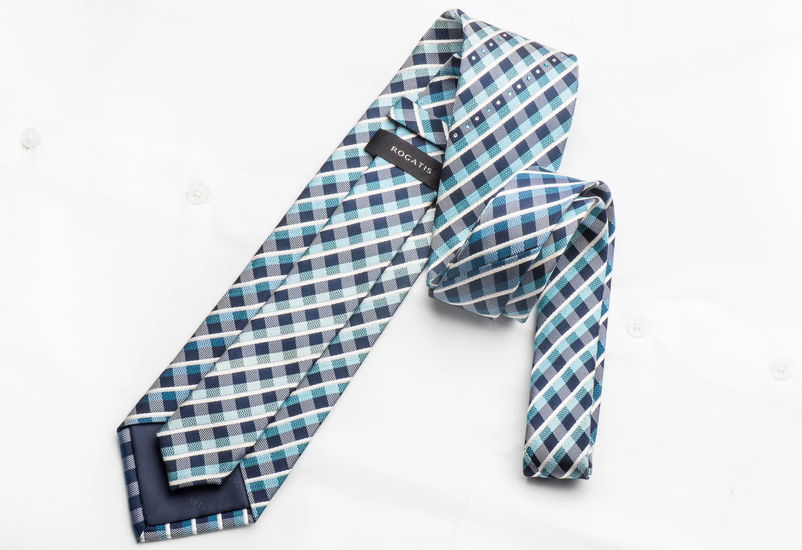 Rogatis Men's Rhinestone Silk Tie Blue Plaids With Silver Sparkles - Image 4