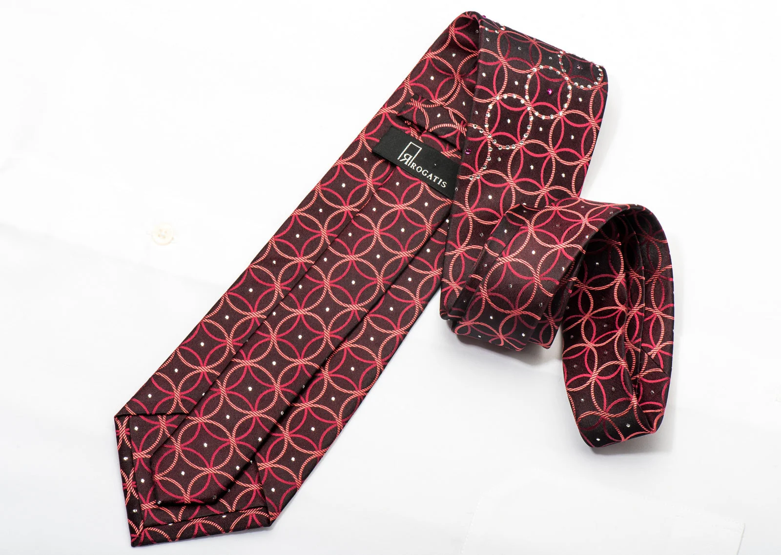 Rogatis Men's Silk Necktie Orange Interlocking Circles On Black Orange Sparkling With Rhinestones - Image 5