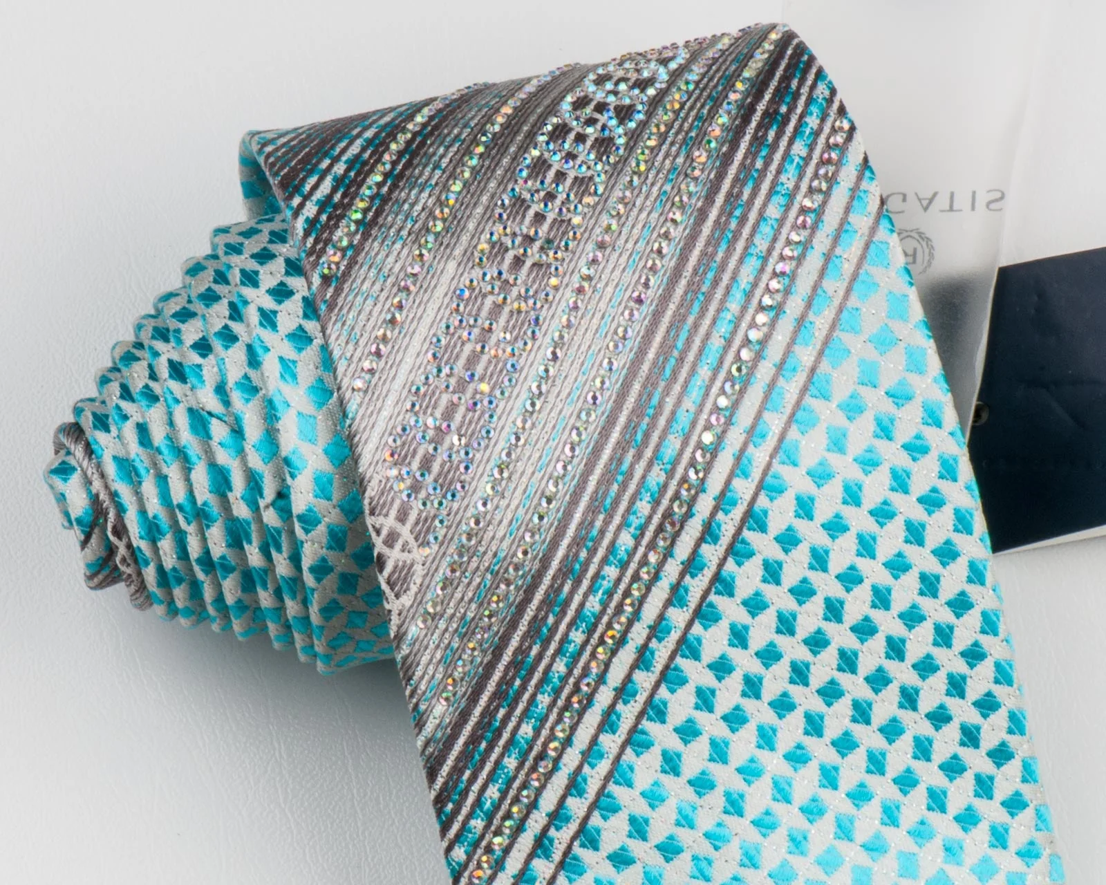 Rogatis Mens Rhinestone Silk Neck Tie Blue Squares On White With Silver Stripes - Image 5