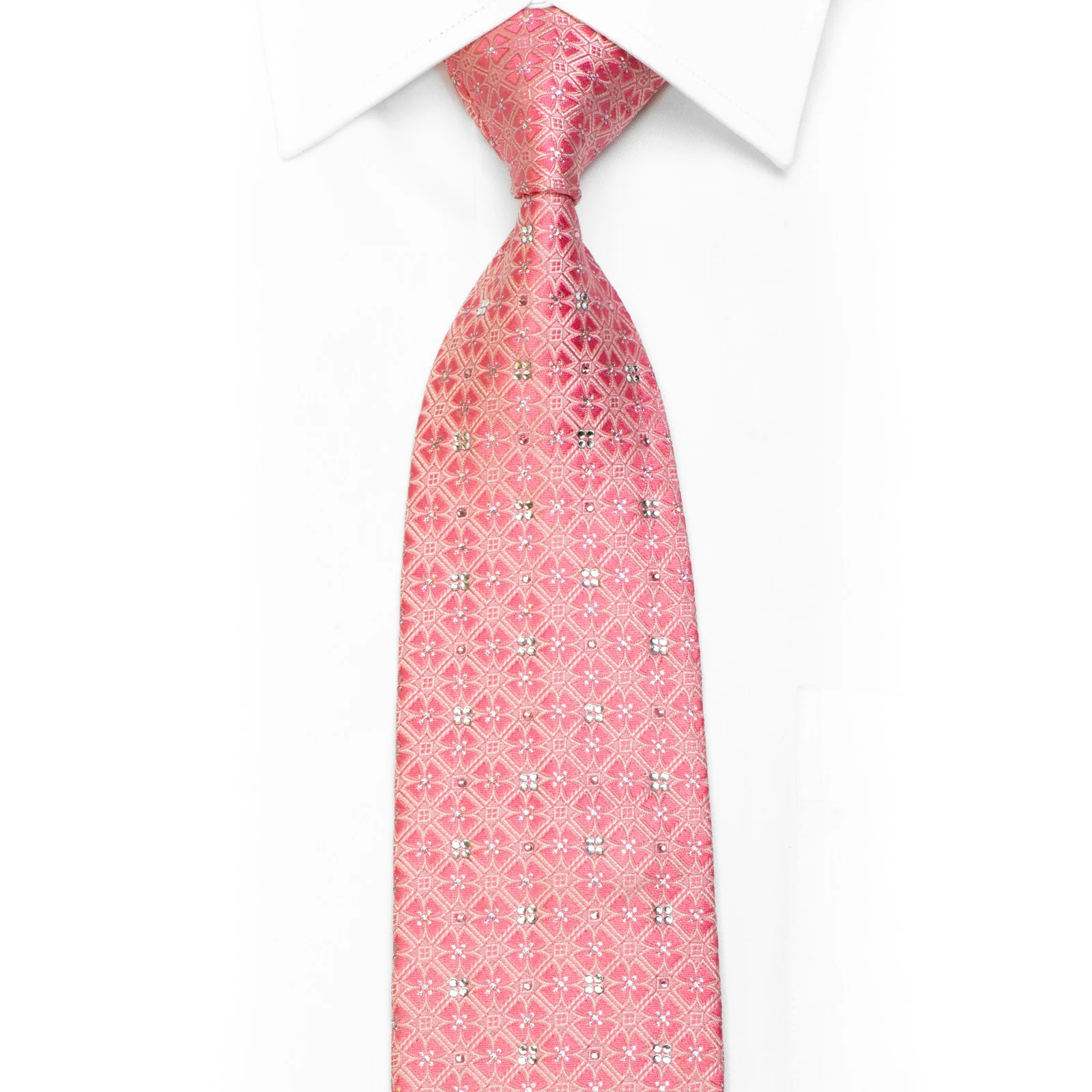 Rogatis Rhinestone Silk Necktie Geometric On Pink With Sparkles