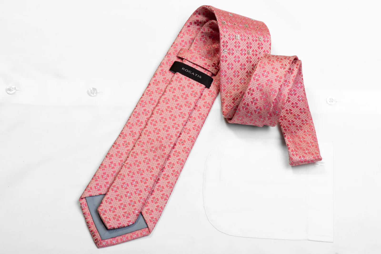 Rogatis Rhinestone Silk Necktie Geometric On Pink With Sparkles - Image 4