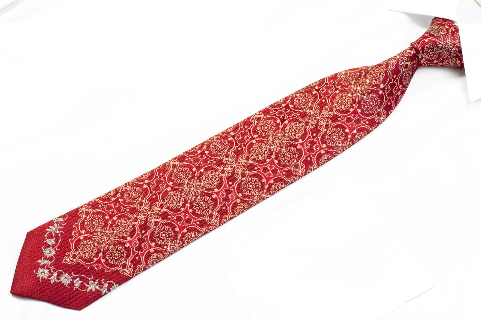 Rogatis Rhinestone Silk Necktie Gold Cartouche On Burgundy With Silver Sparkles - Image 4
