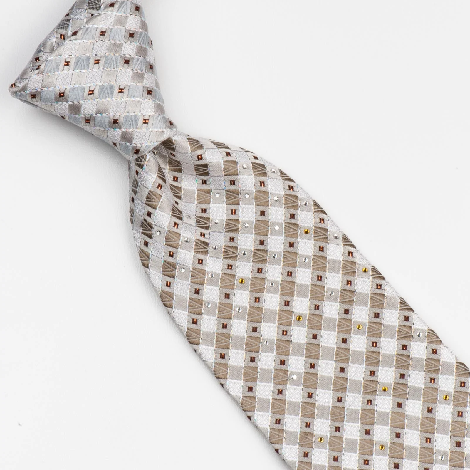 Rogatis Silk Necktie Beige Brown Check Design With Copper Sparkles & Rhinestones - Image 5