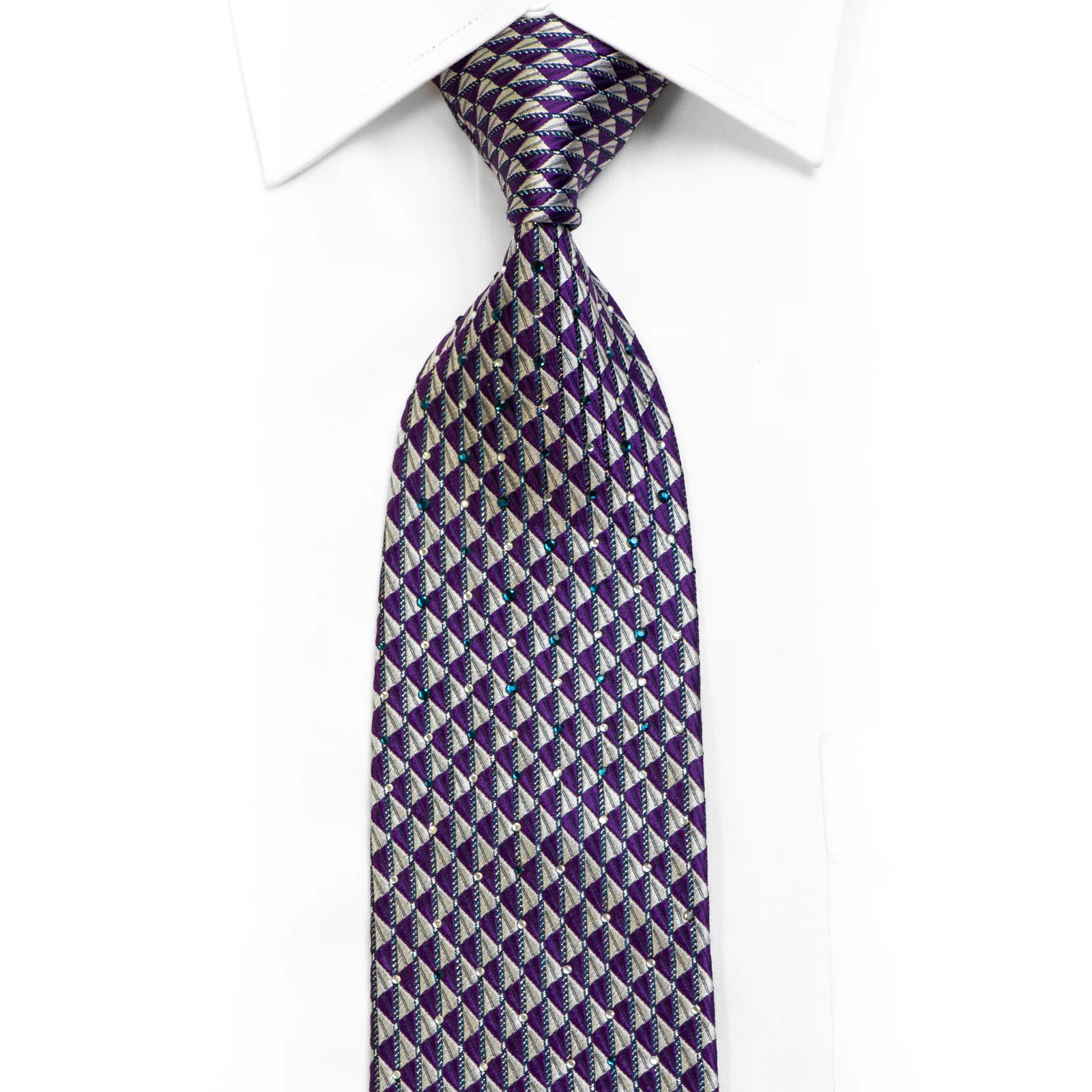 Rogatis Silk Necktie Silver Purple Geometric With Rhinestones & Silver Sparkles