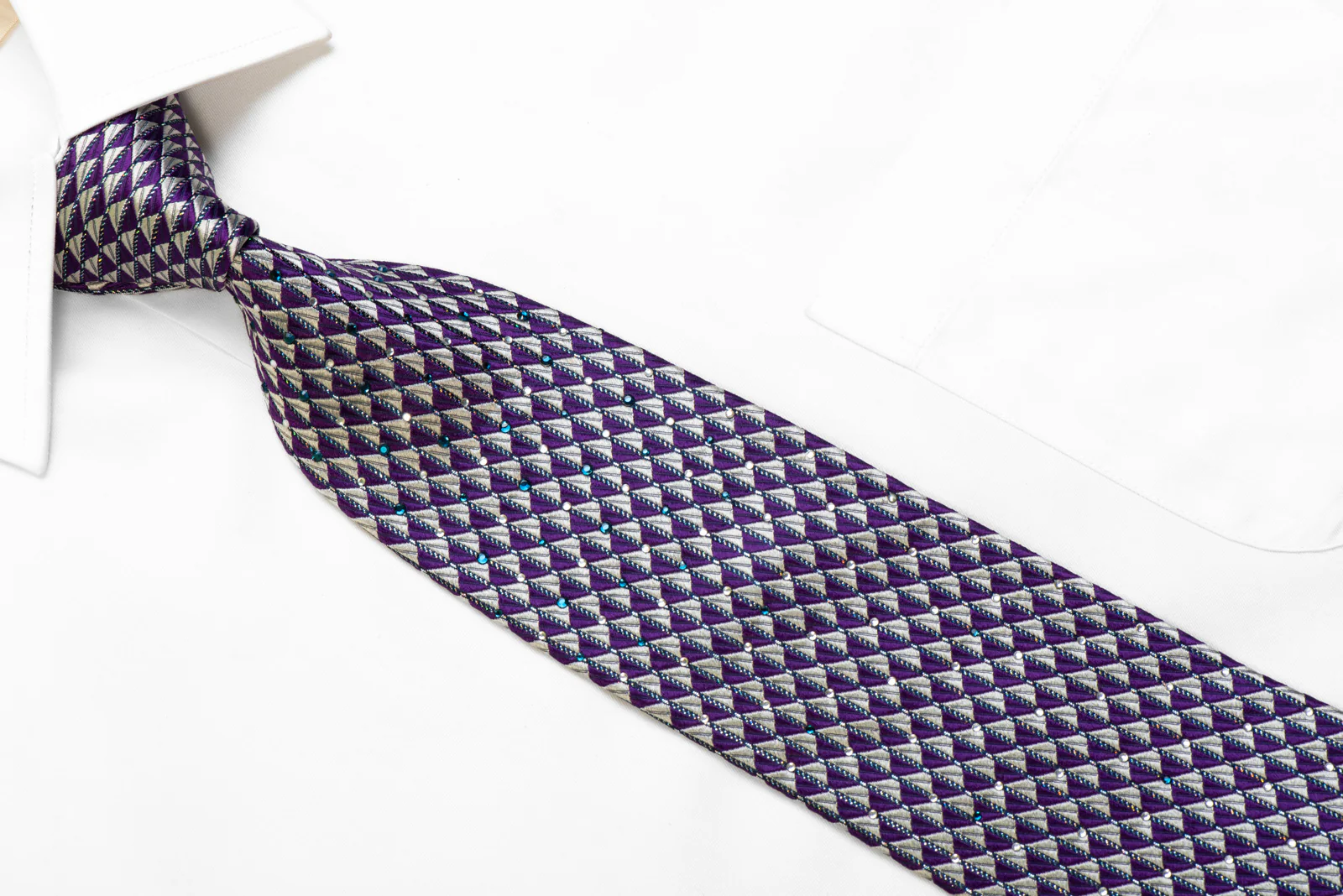 Rogatis Silk Necktie Silver Purple Geometric With Rhinestones & Silver Sparkles - Image 2