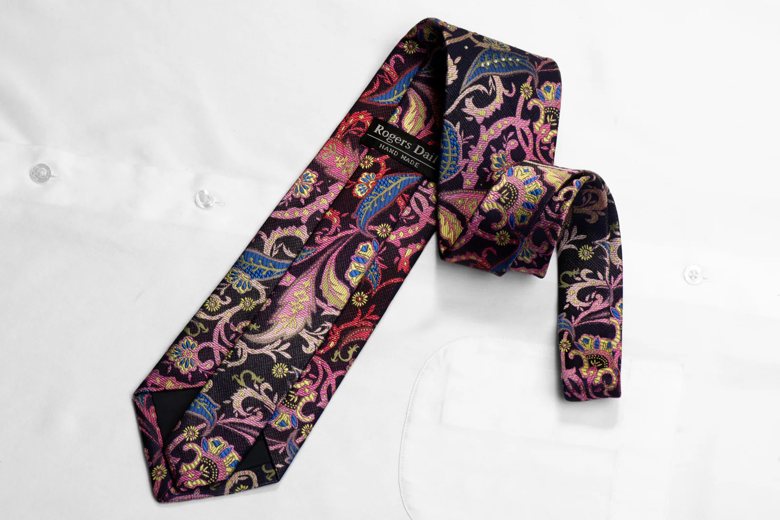 Rogers Dail Crystal Silk Tie Colorful Anthemion Floral On Navy - Image 4