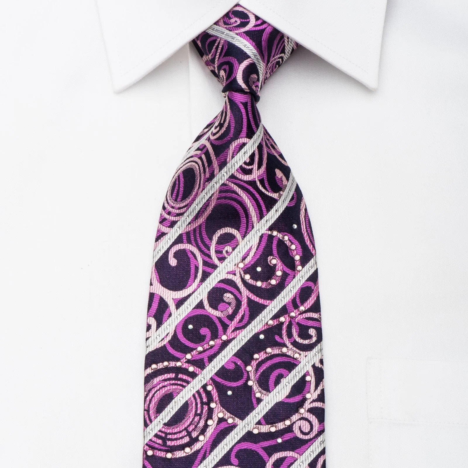 Rogers Dail Mens Crystal Tie Scrolls On Purple With Silver Stripes