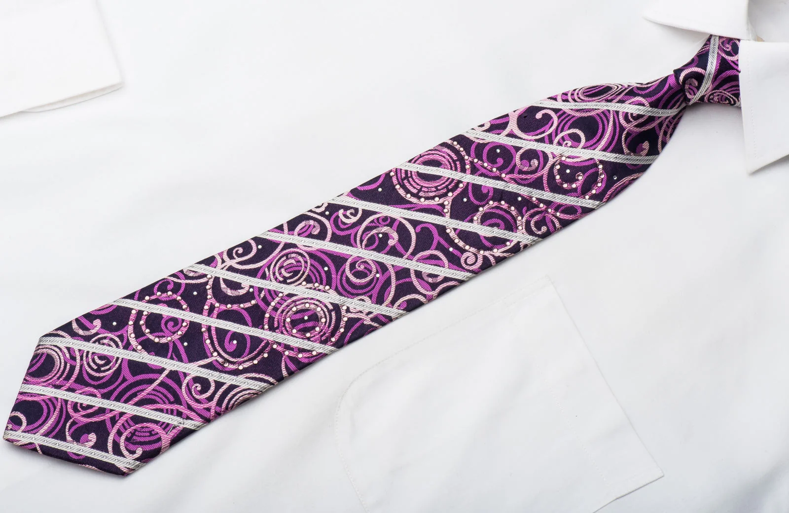 Rogers Dail Mens Crystal Tie Scrolls On Purple With Silver Stripes - Image 3