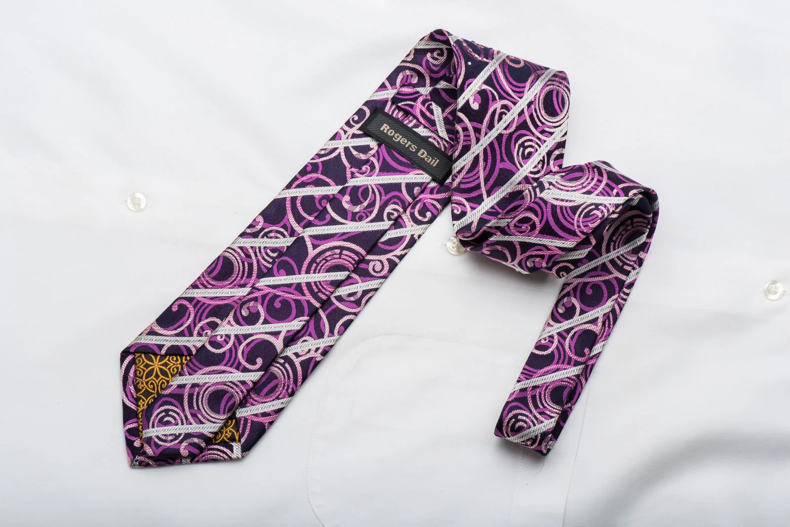 Rogers Dail Mens Crystal Tie Scrolls On Purple With Silver Stripes - Image 4