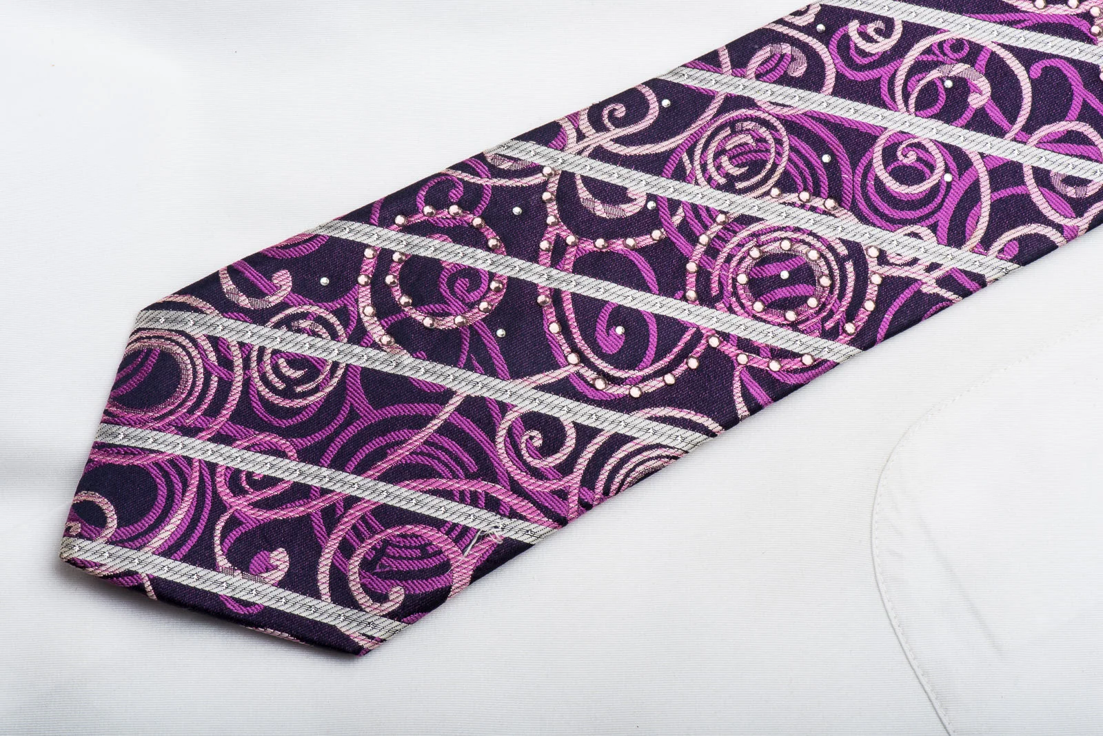 Rogers Dail Mens Crystal Tie Scrolls On Purple With Silver Stripes - Image 5