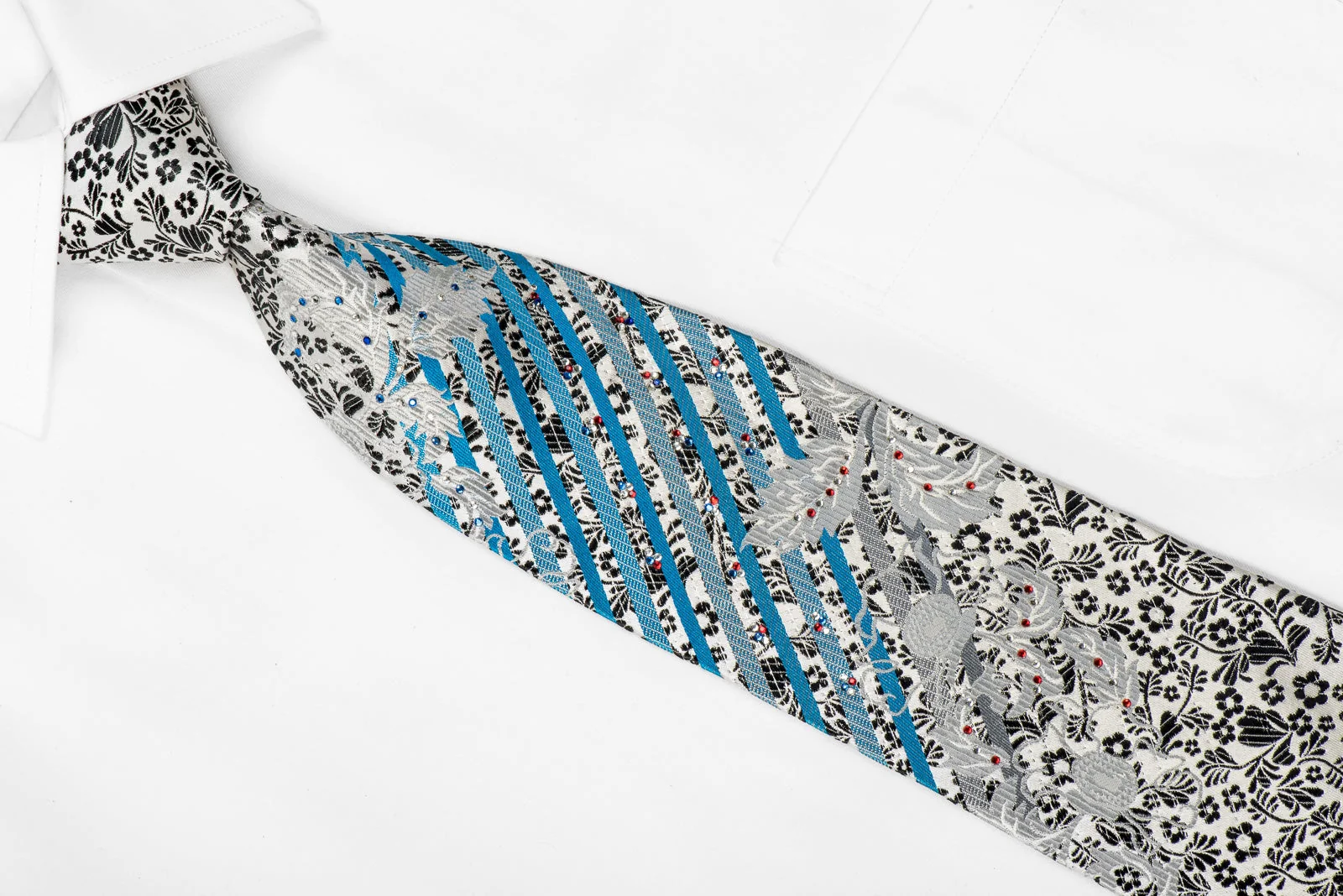 Rogers Dail Men's Crystal Necktie Black Silver Floral Blue Striped On White With Sparkles - Image 3