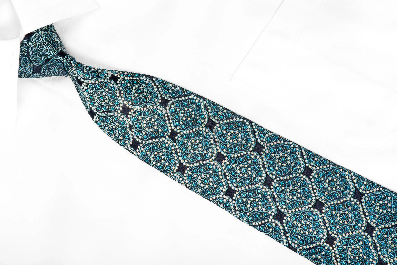 Rogers Dail Men's Crystal Silk Necktie Mandala On Blue Sparkling With Rhinestones - Image 2