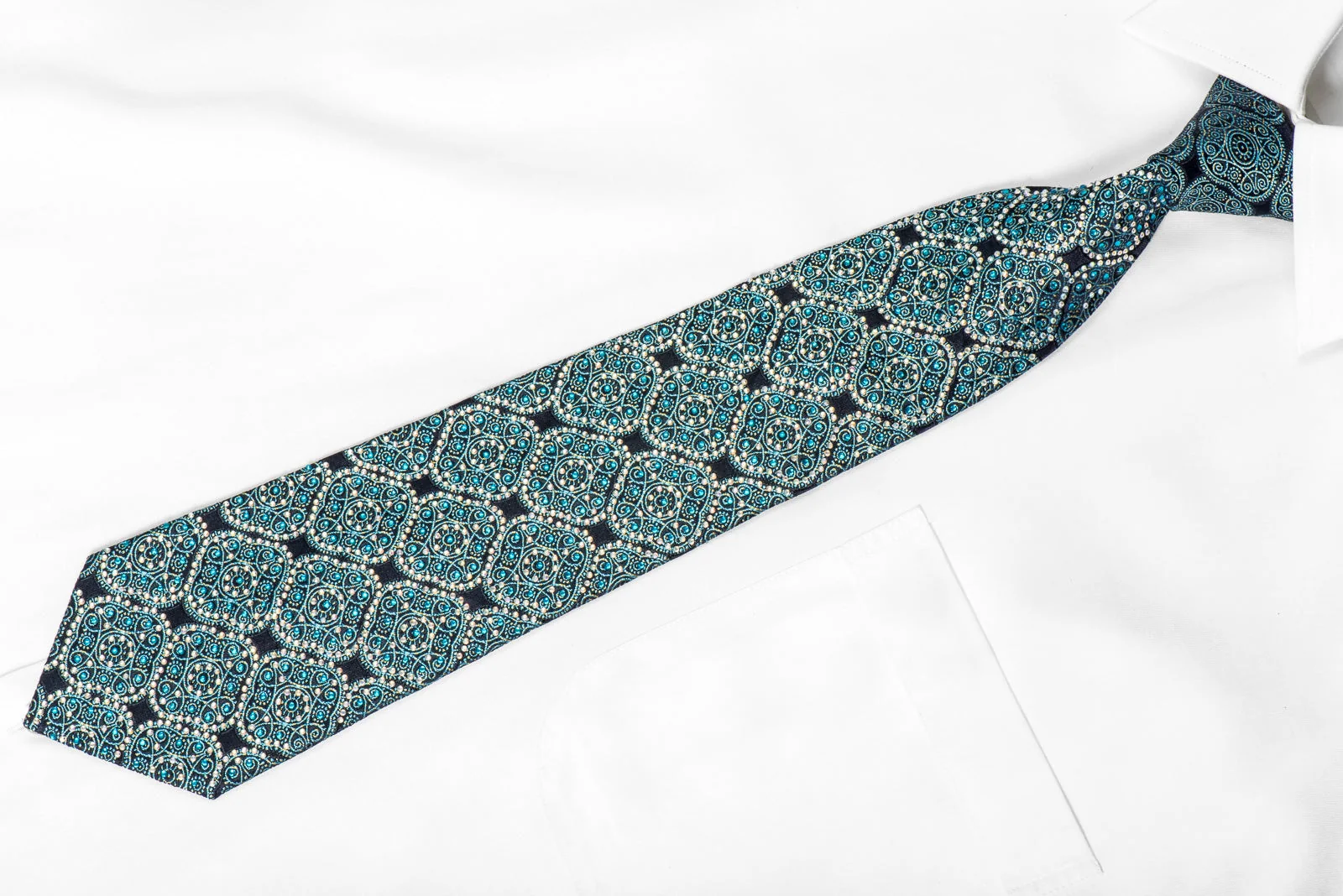 Rogers Dail Men's Crystal Silk Necktie Mandala On Blue Sparkling With Rhinestones - Image 3