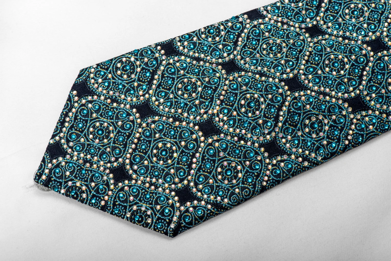Rogers Dail Men's Crystal Silk Necktie Mandala On Blue Sparkling With Rhinestones - Image 4