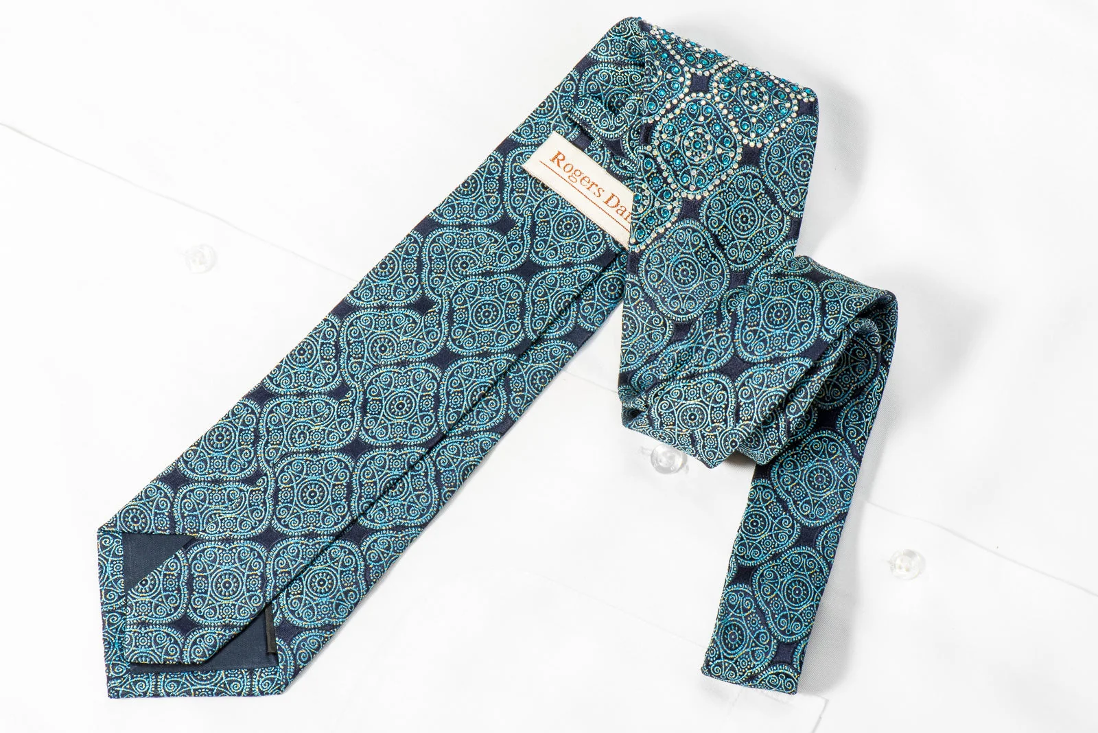 Rogers Dail Men's Crystal Silk Necktie Mandala On Blue Sparkling With Rhinestones - Image 5