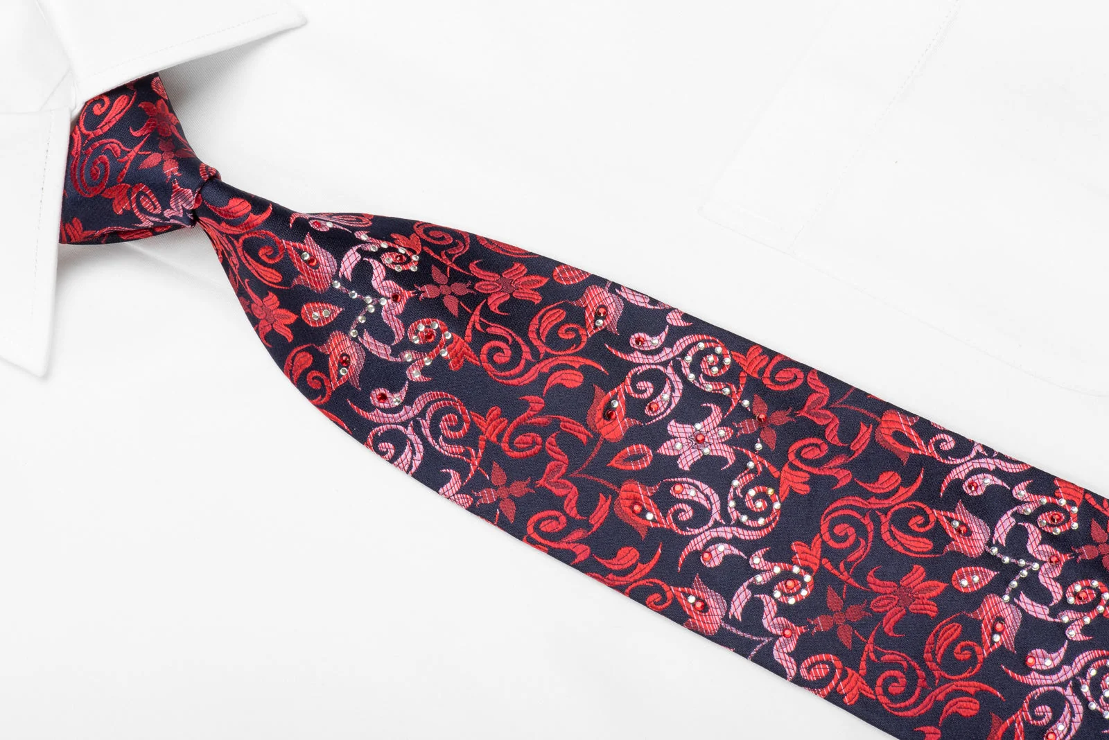 Rogers Dail Men's Crystal Silk Necktie Red Acanthus On Navy Sparkling With Rhinestones - Image 3