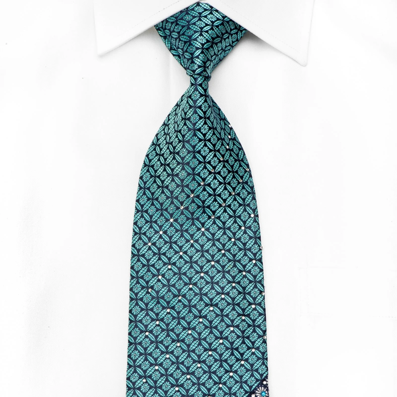 Rogers Dail Men's Crystal Silk Necktie Teal Geometric On Navy With Sparkles