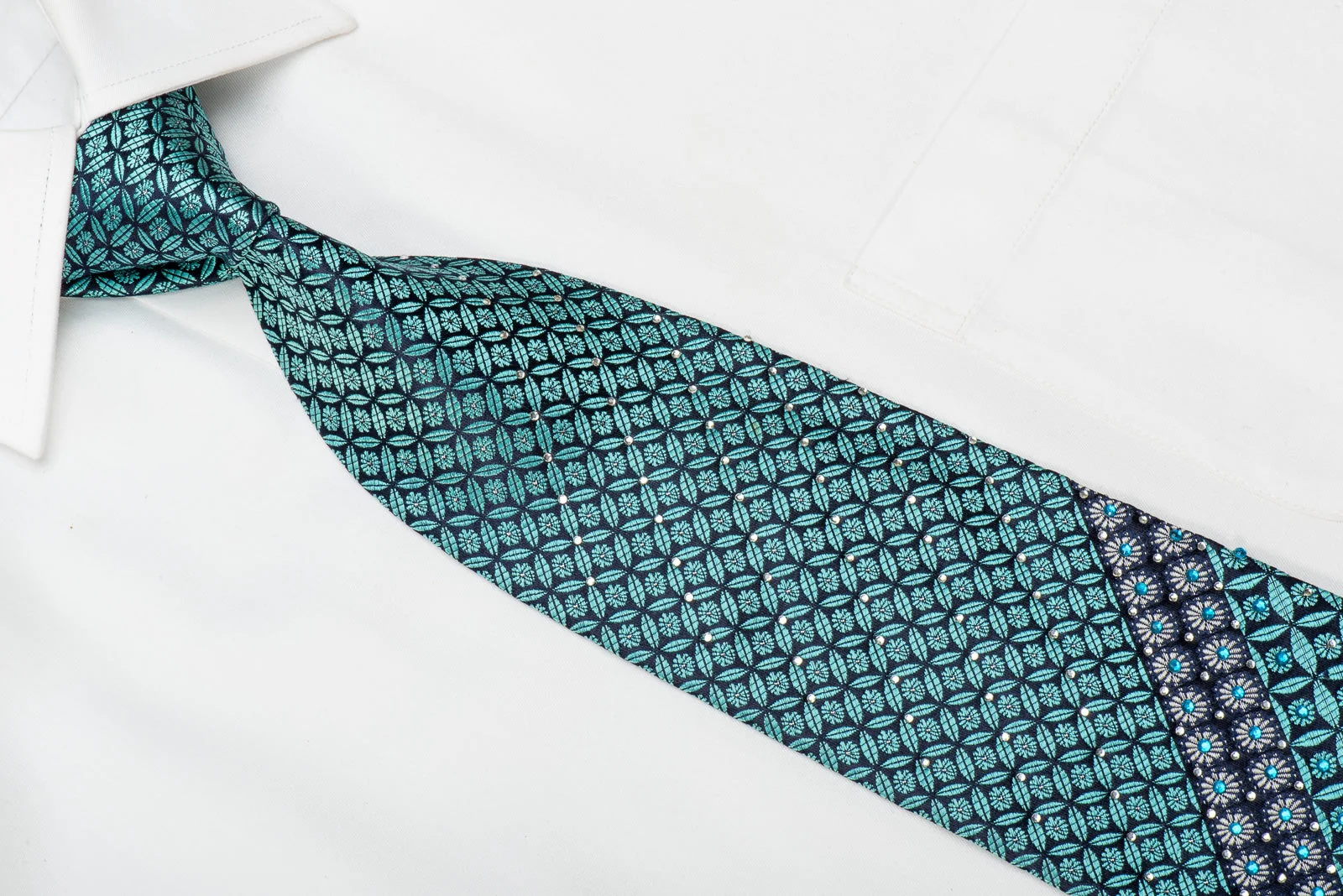 Rogers Dail Men's Crystal Silk Necktie Teal Geometric On Navy With Sparkles - Image 2
