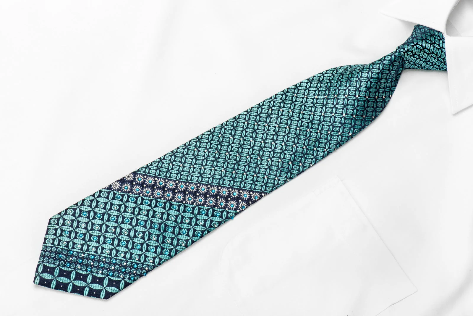 Rogers Dail Men's Crystal Silk Necktie Teal Geometric On Navy With Sparkles - Image 4