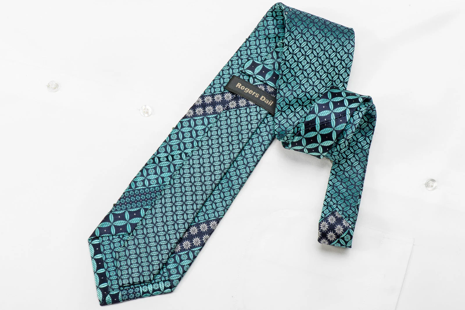 Rogers Dail Men's Crystal Silk Necktie Teal Geometric On Navy With Sparkles - Image 5
