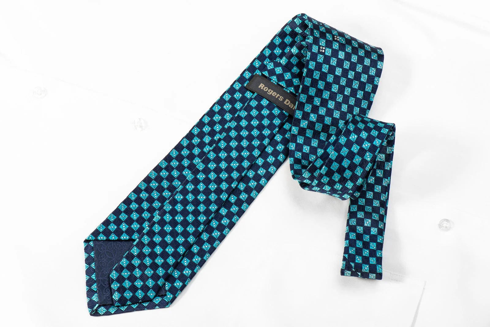 Rogers Dail Men's Crystal Silk Necktie Turquoise Teal Checkered With Sparkles - Image 4