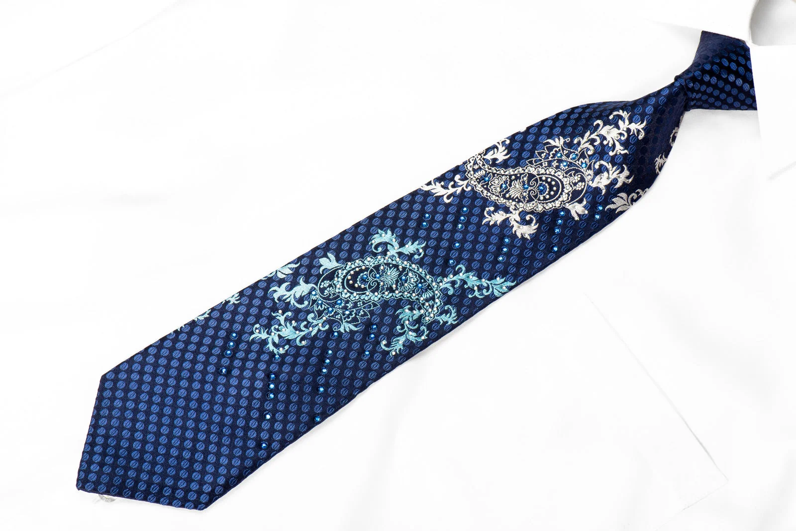 Rogers Dail Men's Crystal Silk Tie Paisley On Navy Sparkling With Rhinestones - Image 2