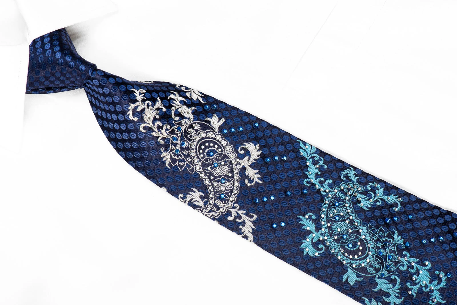 Rogers Dail Men's Crystal Silk Tie Paisley On Navy Sparkling With Rhinestones - Image 4