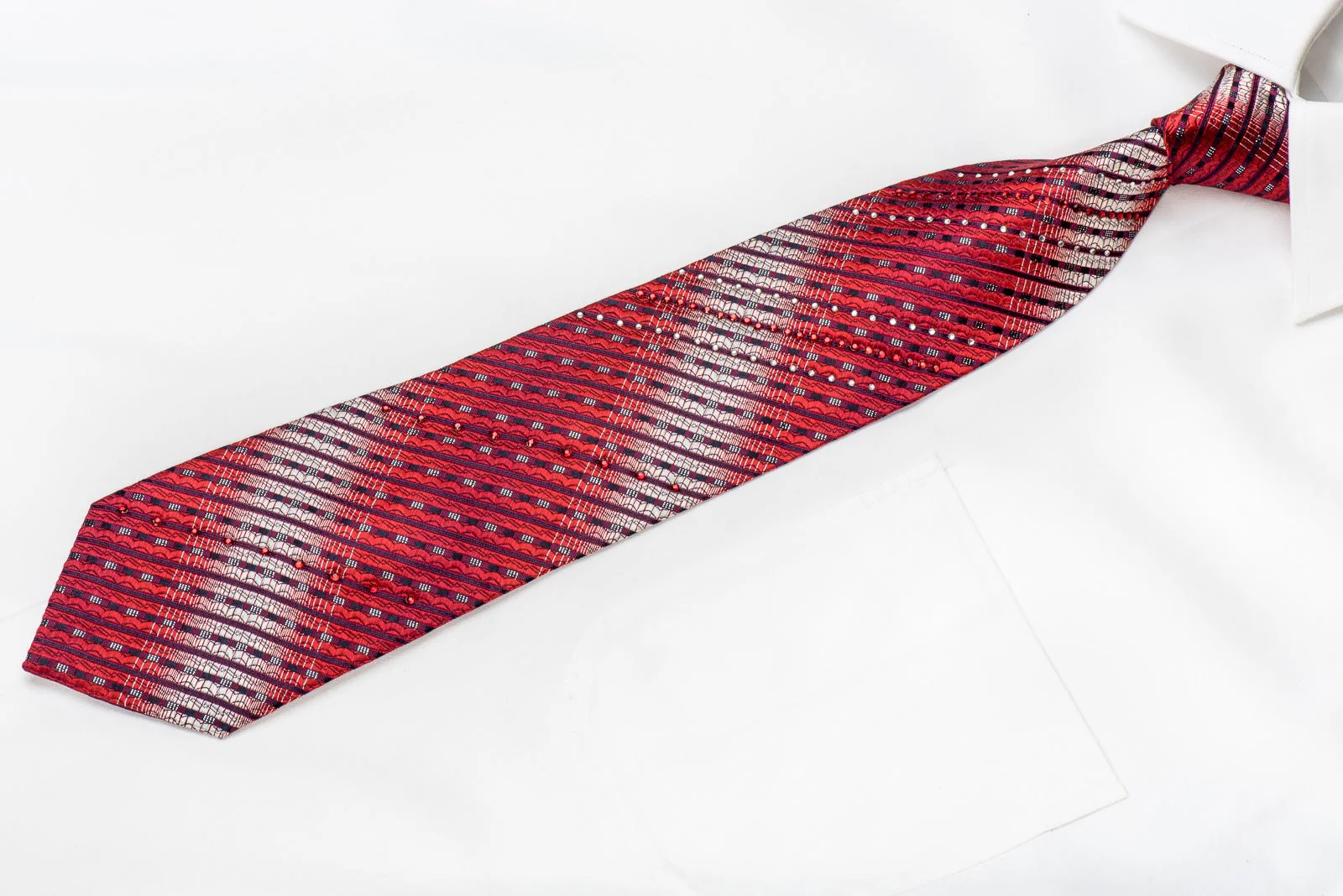 Rogers Dail Men's Crystal Silk Tie Red Silver Striped With Silver Sparkles - Image 2