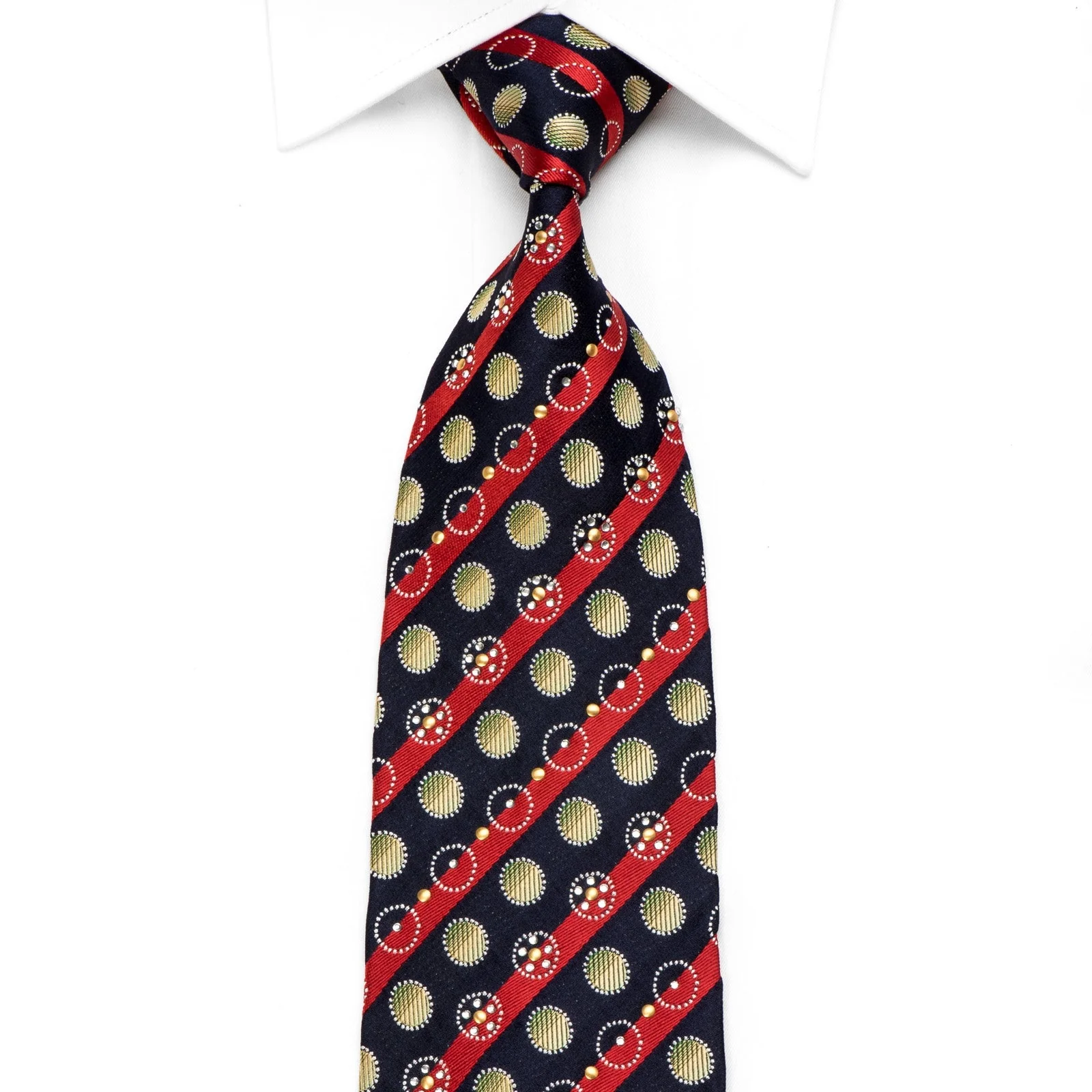 Rogers Dail Men's Crystal Silk Tie Red Striped & Circles On Navy Sparkling With Rhinestones