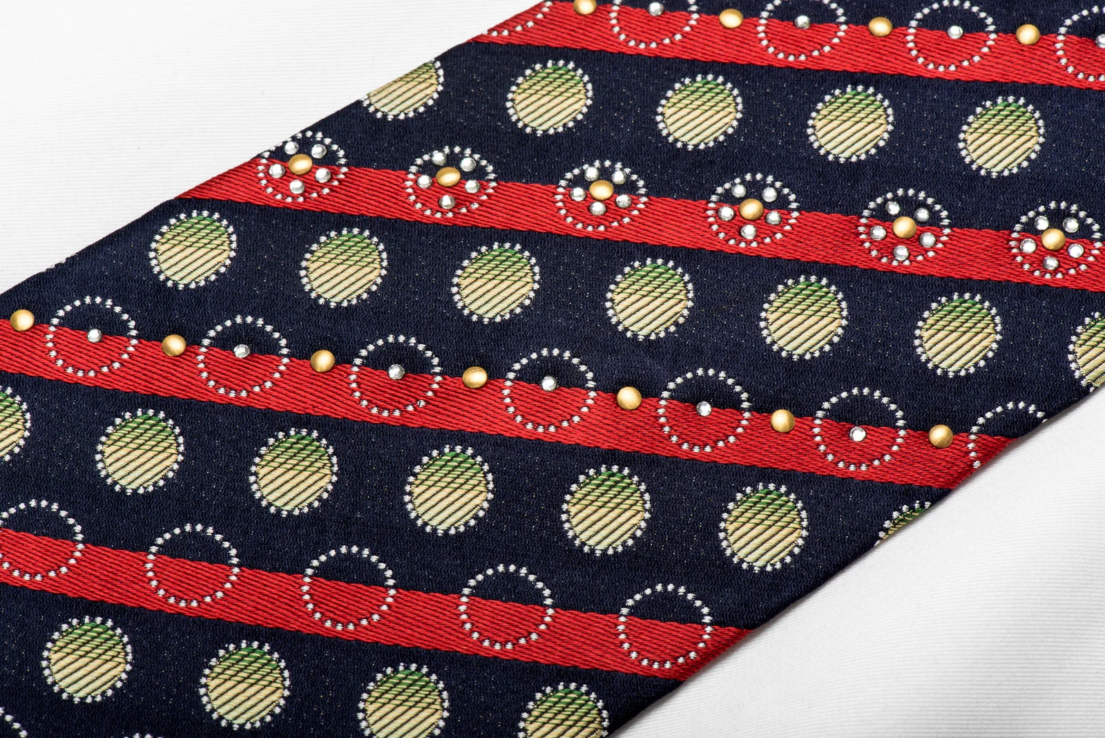 Rogers Dail Men's Crystal Silk Tie Red Striped & Circles On Navy Sparkling With Rhinestones - Image 2