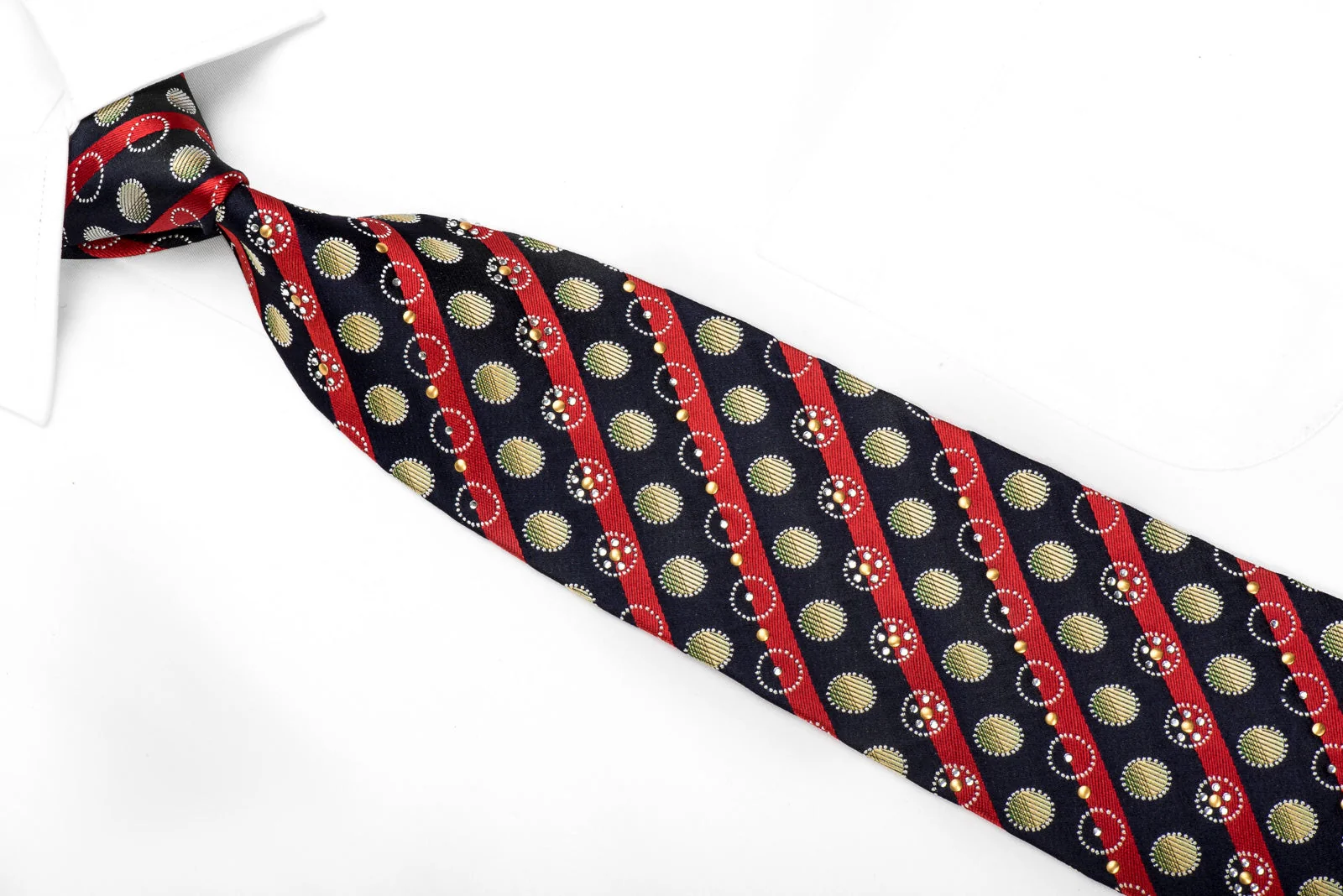 Rogers Dail Men's Crystal Silk Tie Red Striped & Circles On Navy Sparkling With Rhinestones - Image 3