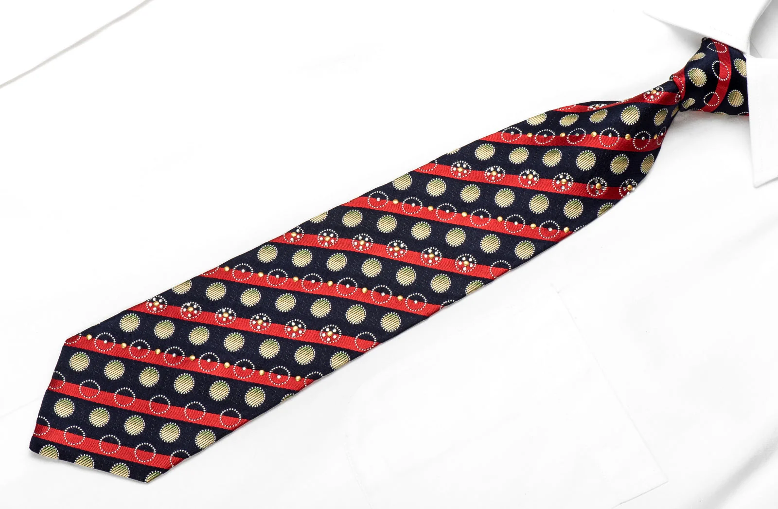 Rogers Dail Men's Crystal Silk Tie Red Striped & Circles On Navy Sparkling With Rhinestones - Image 4