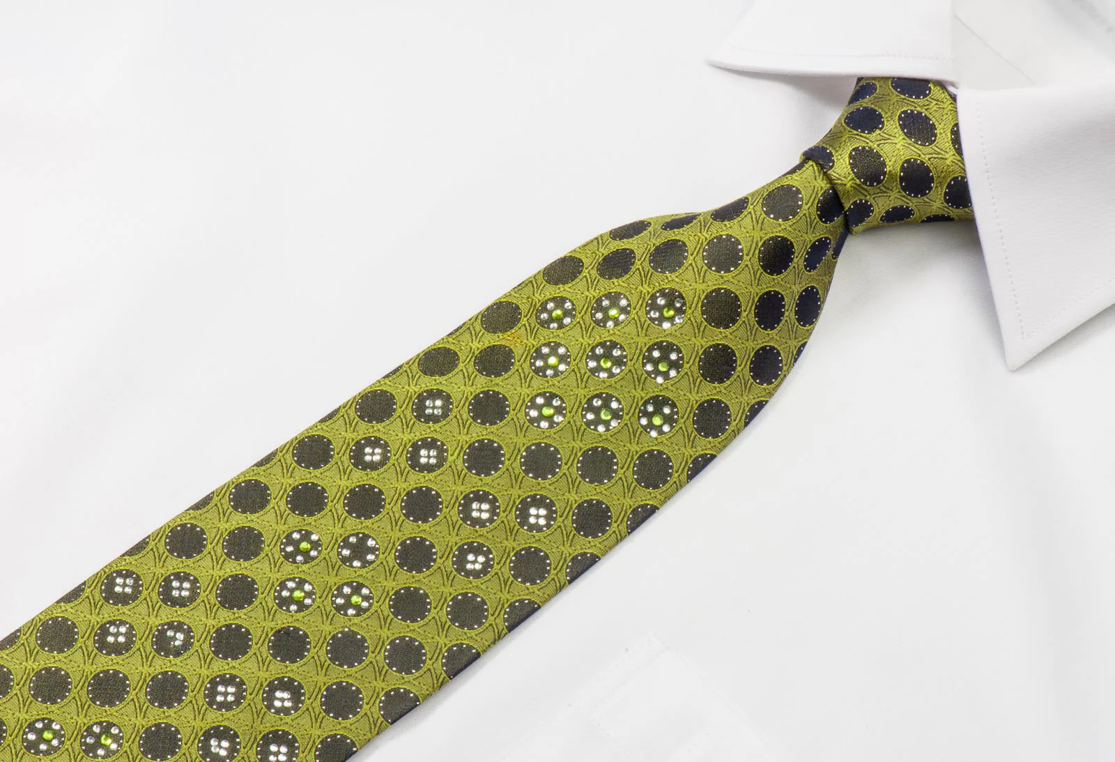 Rogers Dail Men's Rhinestone Silk Necktie Black Circles On Green With Silver Sparkles