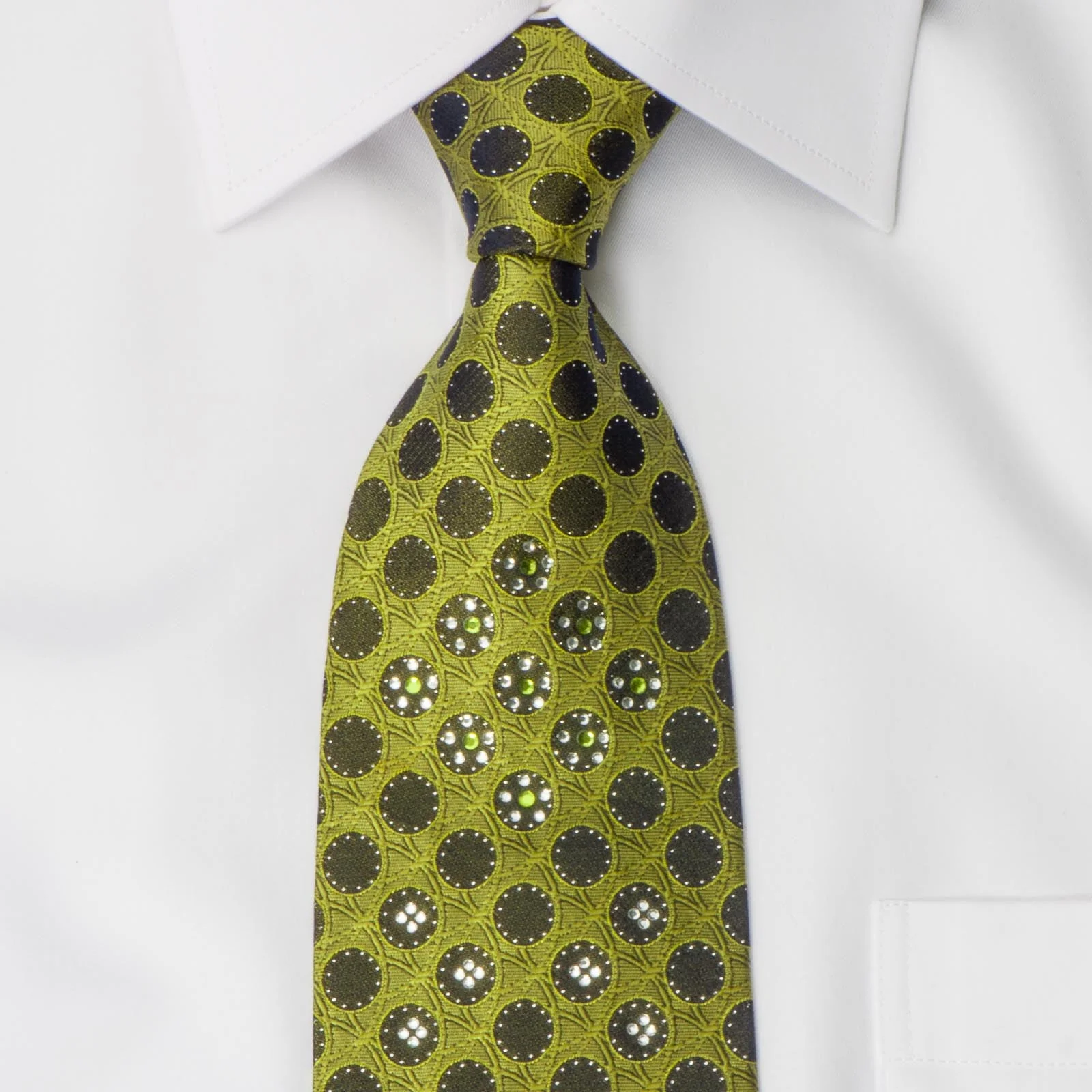 Rogers Dail Men's Rhinestone Silk Necktie Black Circles On Green With Silver Sparkles - Image 3