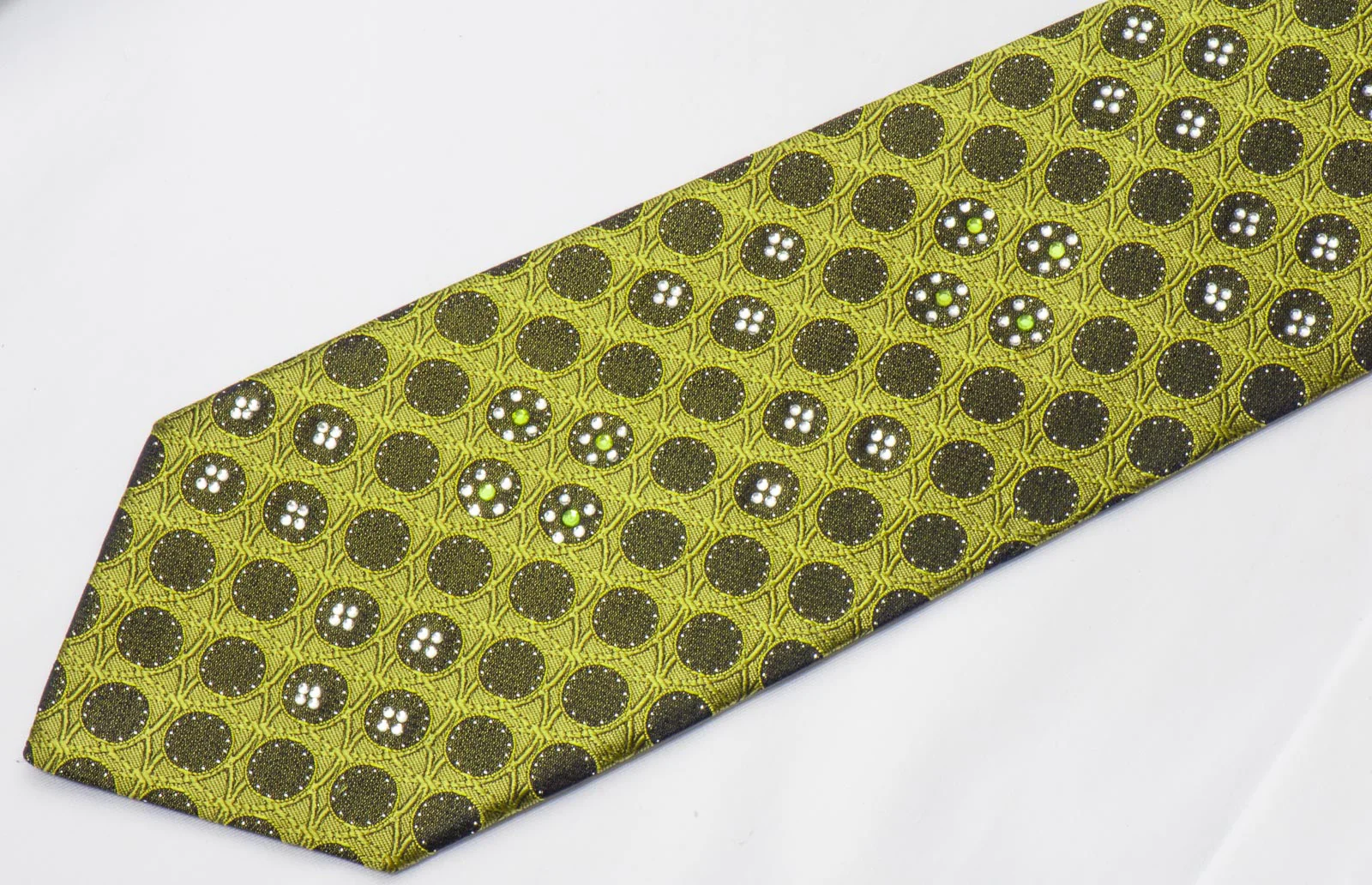 Rogers Dail Men's Rhinestone Silk Necktie Black Circles On Green With Silver Sparkles - Image 4