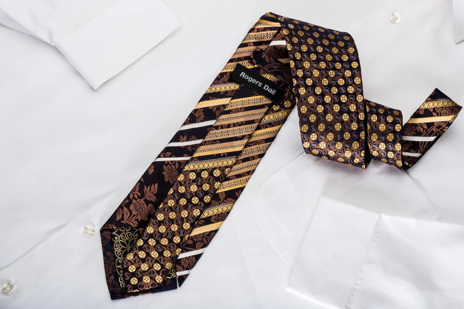 Gold Striped On Brown Floral On Navy Crystal Tie With Silver Sparkles - Image 4