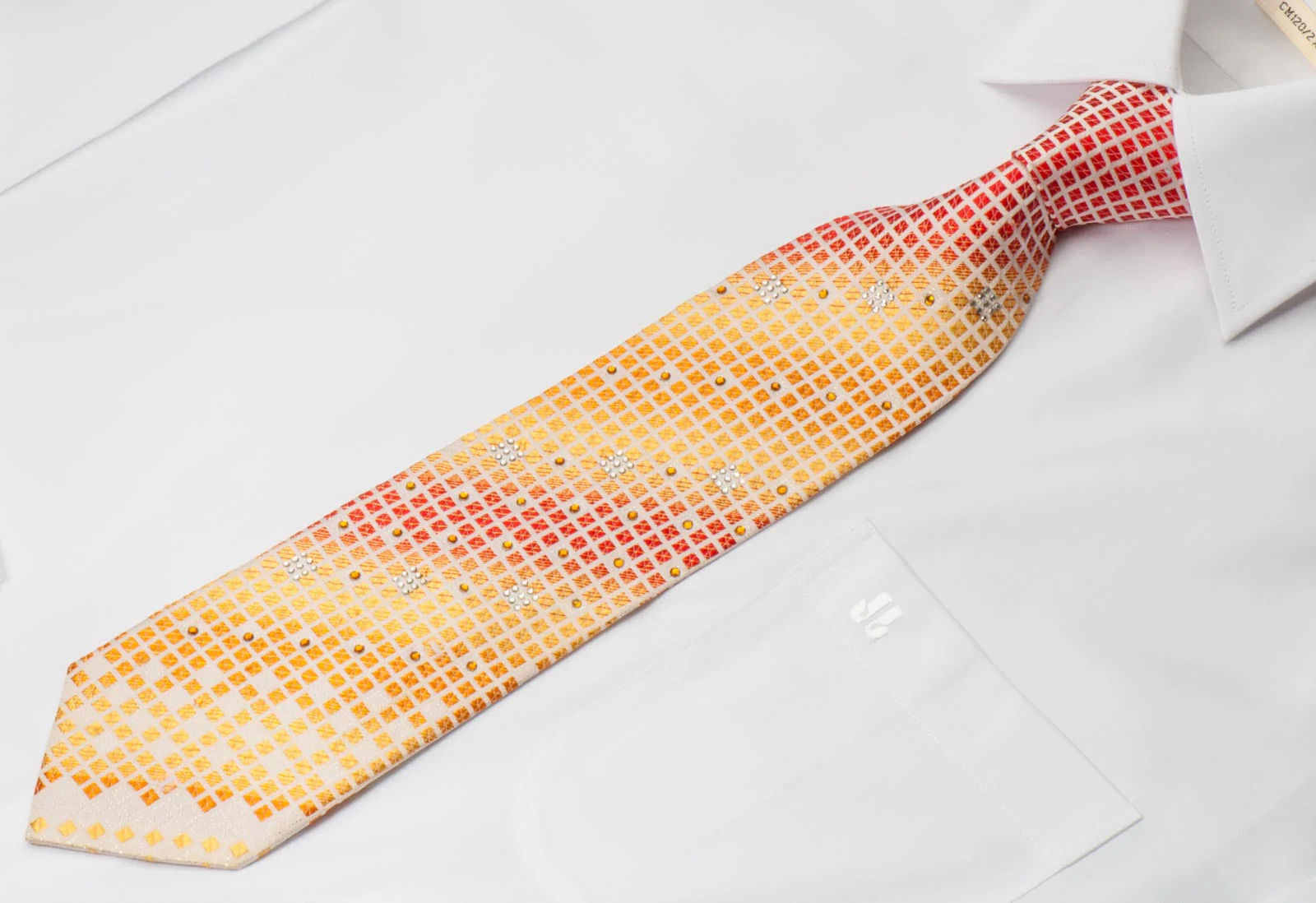 Rogers Dail Men's Rhinestone Silk Necktie Orange Yellow Checked On Cream With Sparkles - Image 5