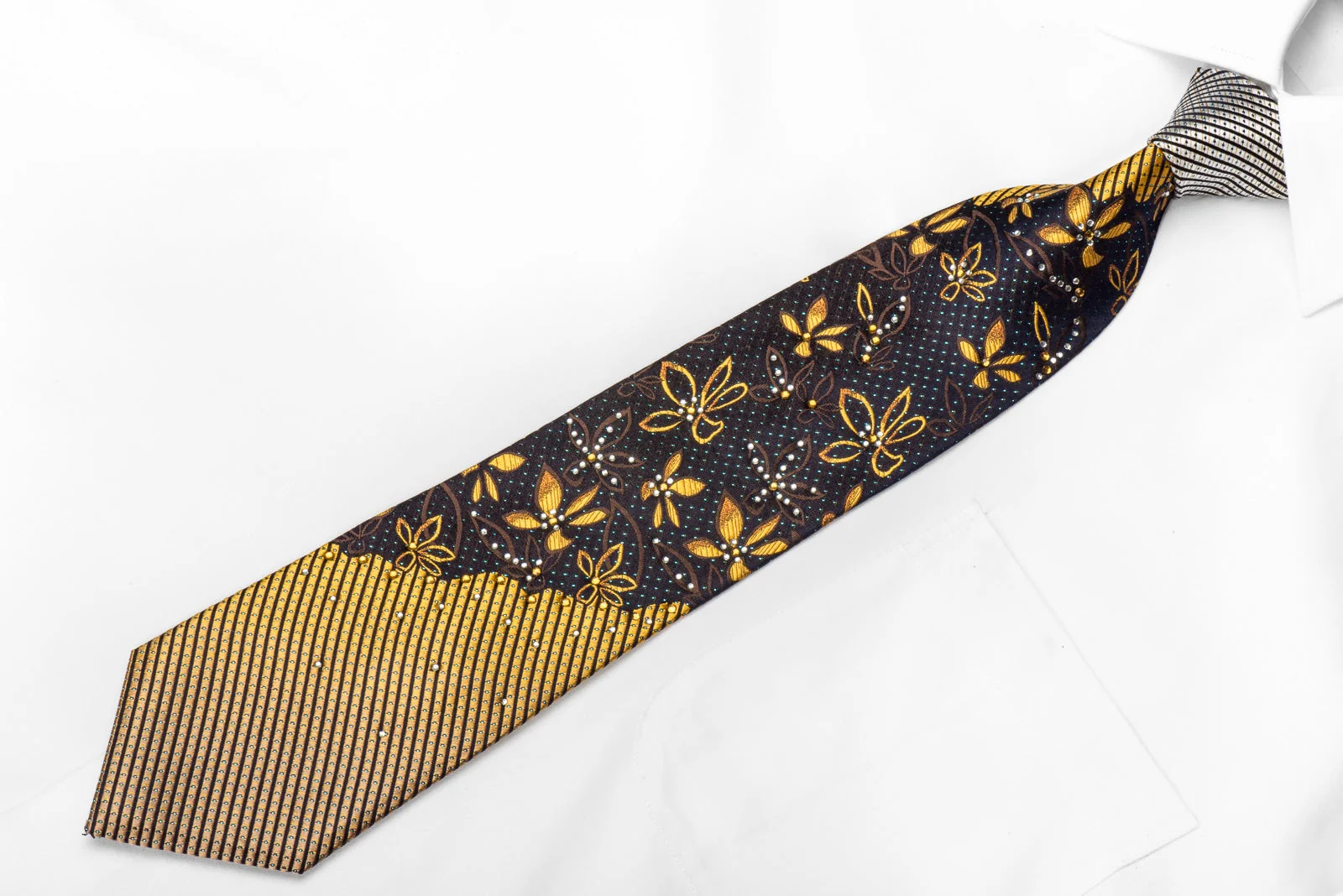 Rogers Dail Men's Silk Crystal Necktie Golden Floral On Navy With Blue Sparkles - Image 3