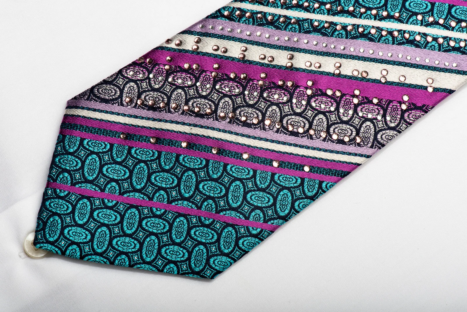 Rogers Dail Men's Silk Necktie Ovals & Striped On Turquoise Sparkling With Rhinestones - Image 3