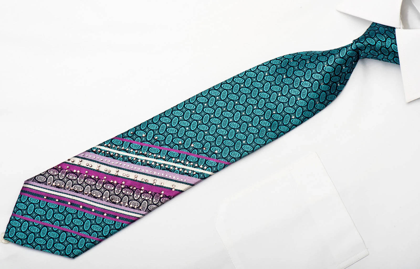 Rogers Dail Men's Silk Necktie Ovals & Striped On Turquoise Sparkling With Rhinestones - Image 4