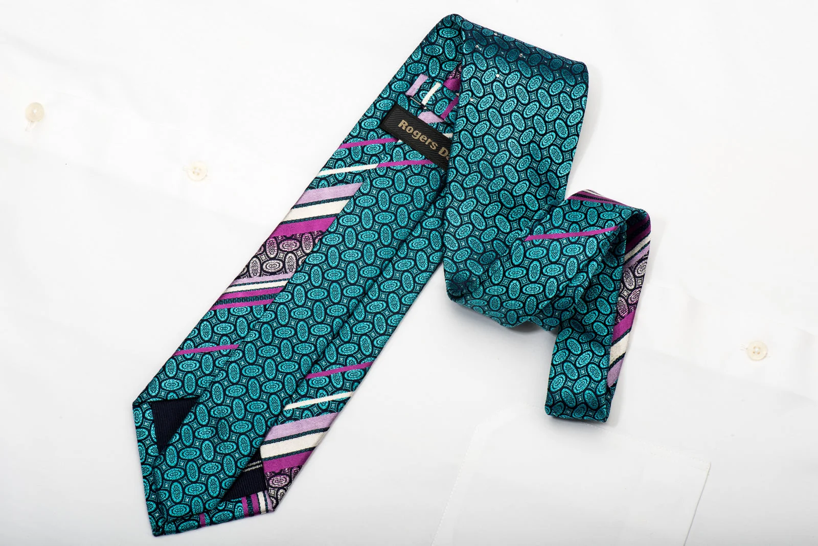Rogers Dail Men's Silk Necktie Ovals & Striped On Turquoise Sparkling With Rhinestones - Image 5
