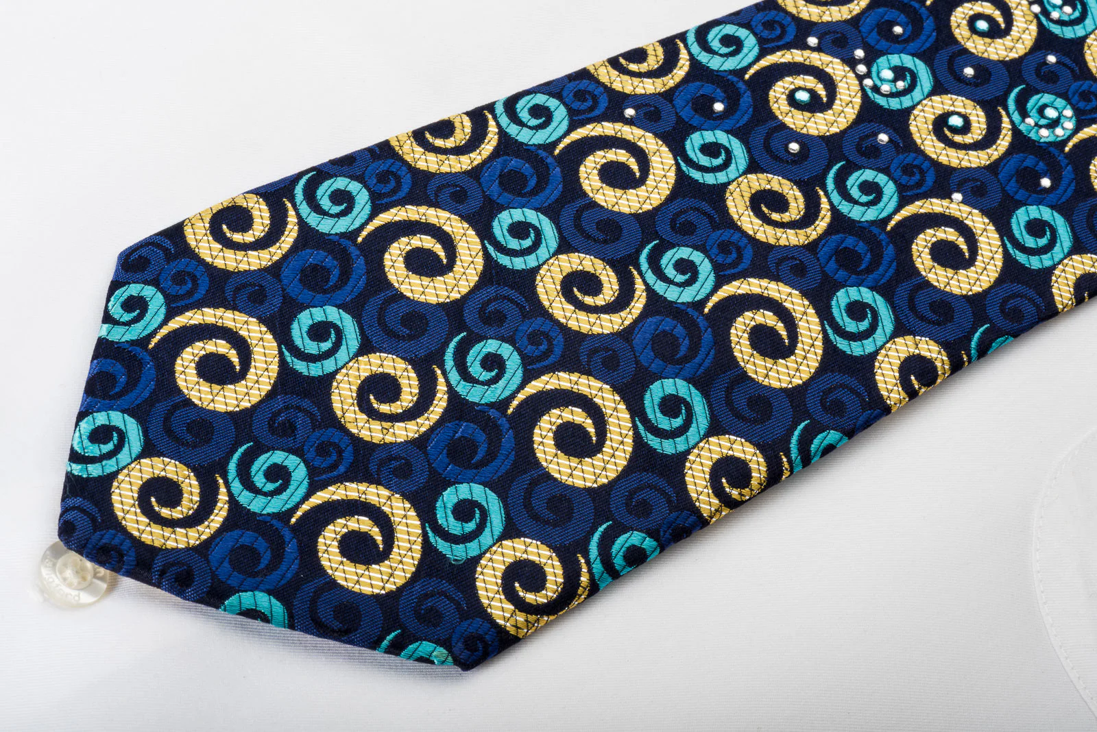 Rogers Dail Men's Silk Necktie Spirals On Blue With Rhinestones & Sparkles - Image 2
