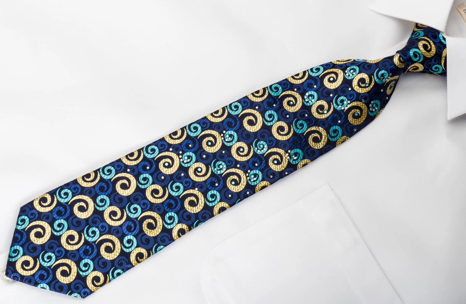 Rogers Dail Men's Silk Necktie Spirals On Blue With Rhinestones & Sparkles - Image 4