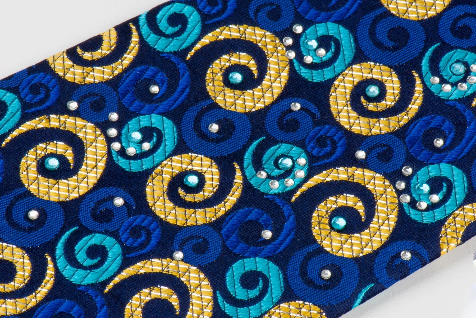 Rogers Dail Mens Festival Rhinestone Silk Neck Tie Gold & Blue Spirals On Navy With Golden Sparkles - Image 2