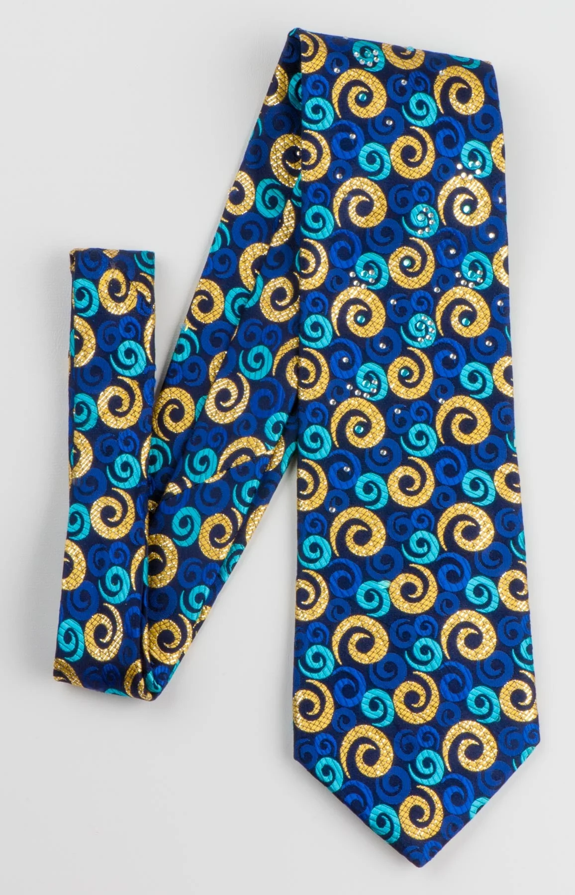 Rogers Dail Mens Festival Rhinestone Silk Neck Tie Gold & Blue Spirals On Navy With Golden Sparkles - Image 5