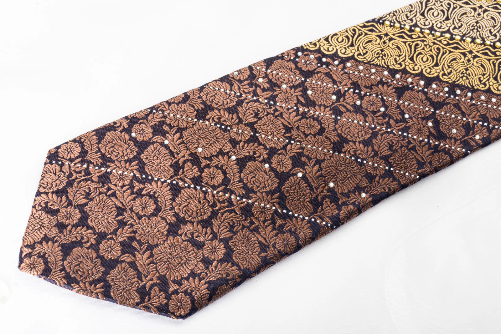 Rogers Dail Rhinestome Silk Necktie Golden Cartouche & Floral On Dark Brown - Image 3