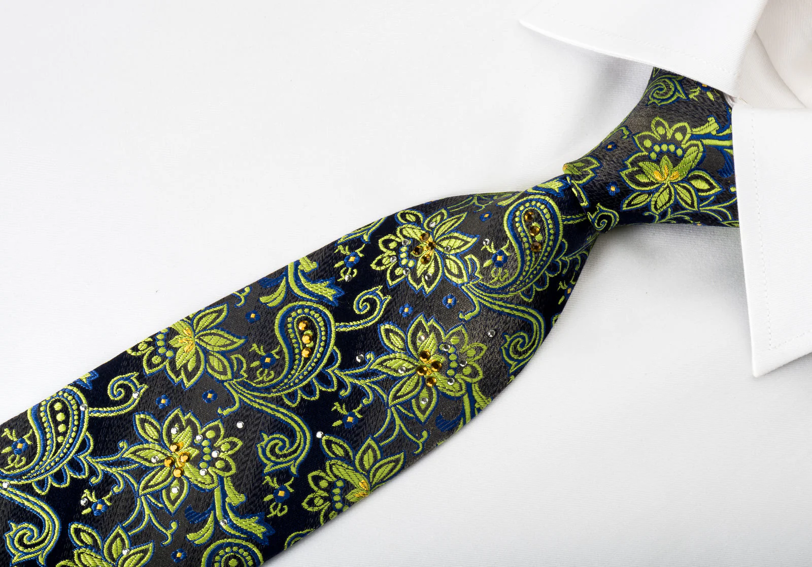 Rogers Dail Rhinestone Necktie Green Floral Paisley On Gray Silk - Image 7